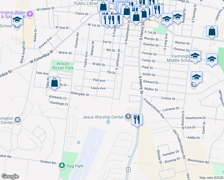 map of restaurants, bars, coffee shops, grocery stores, and more near 814 South Jefferson Street in Farmington