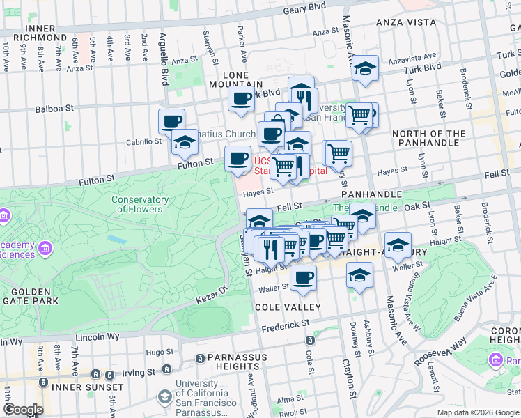 map of restaurants, bars, coffee shops, grocery stores, and more near 2100 Fell Street in San Francisco
