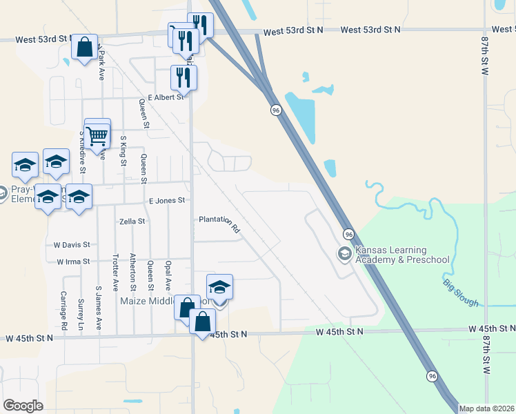 map of restaurants, bars, coffee shops, grocery stores, and more near South Longbranch Drive in Maize