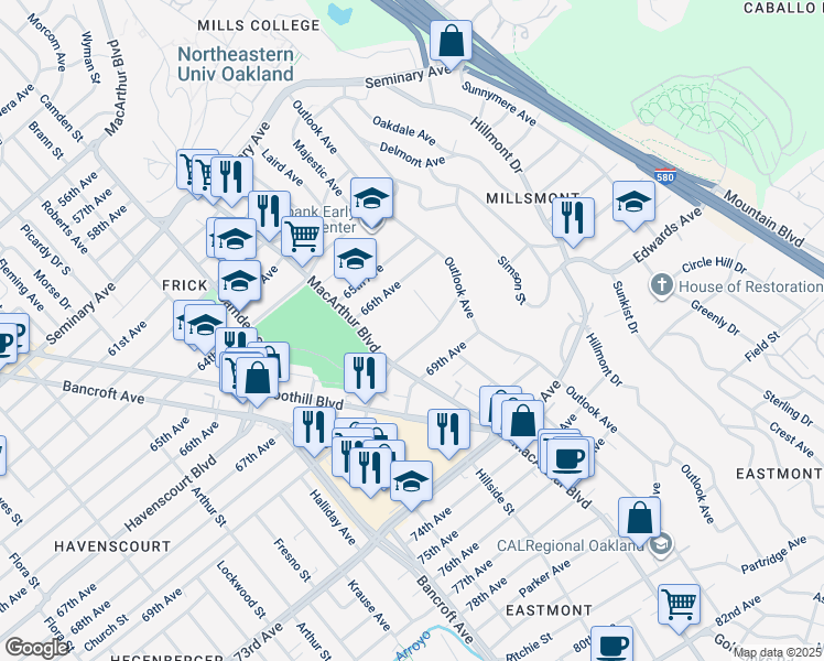 map of restaurants, bars, coffee shops, grocery stores, and more near 3401 68th Avenue in Oakland