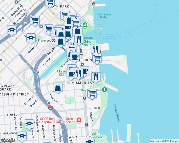 map of restaurants, bars, coffee shops, grocery stores, and more near 410 China Basin Street in San Francisco