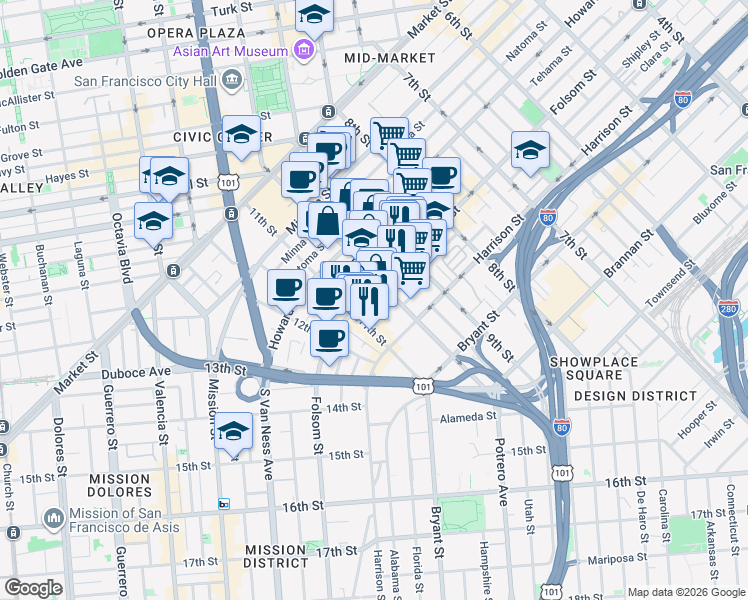 map of restaurants, bars, coffee shops, grocery stores, and more near 250 10th Street in San Francisco