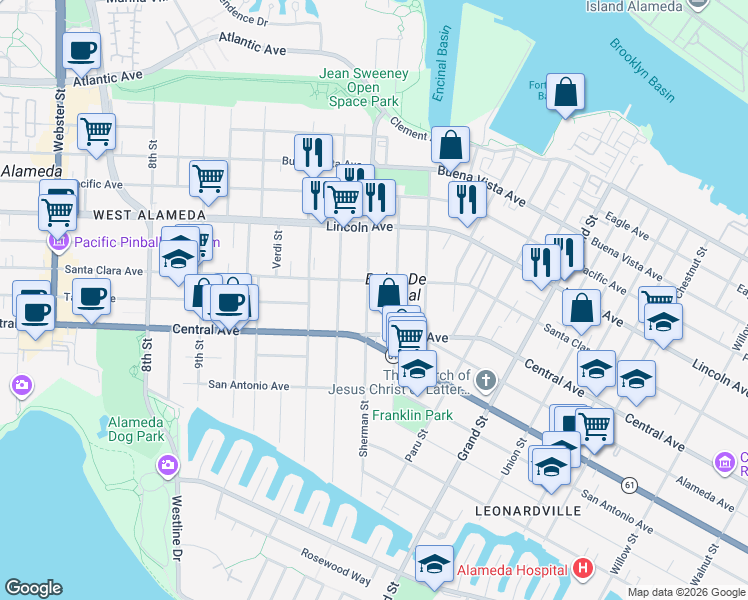 map of restaurants, bars, coffee shops, grocery stores, and more near 1432 Sherman Street in Alameda