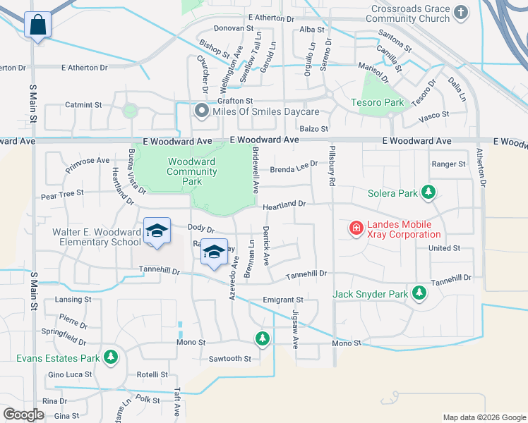 map of restaurants, bars, coffee shops, grocery stores, and more near 929 Heartland Drive in Manteca