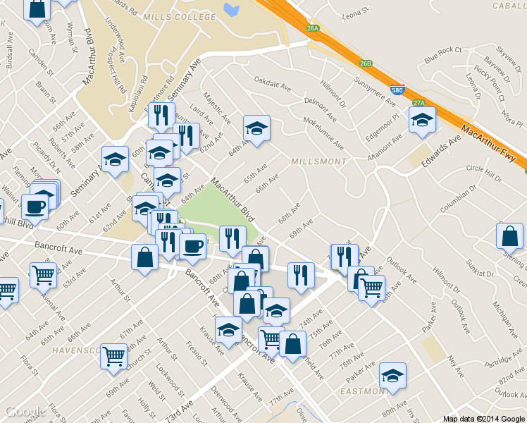 map of restaurants, bars, coffee shops, grocery stores, and more near 6630 MacArthur Boulevard in Oakland