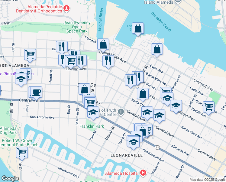 map of restaurants, bars, coffee shops, grocery stores, and more near 1548 Santa Clara Avenue in Alameda