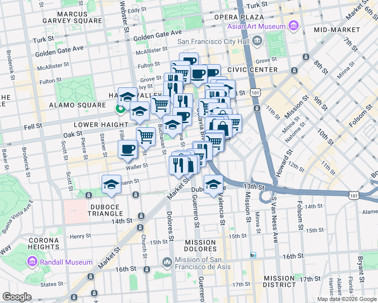 map of restaurants, bars, coffee shops, grocery stores, and more near in San Francisco