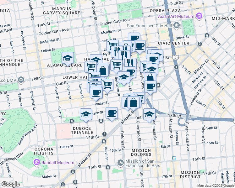 map of restaurants, bars, coffee shops, grocery stores, and more near 300 Buchanan Street in San Francisco