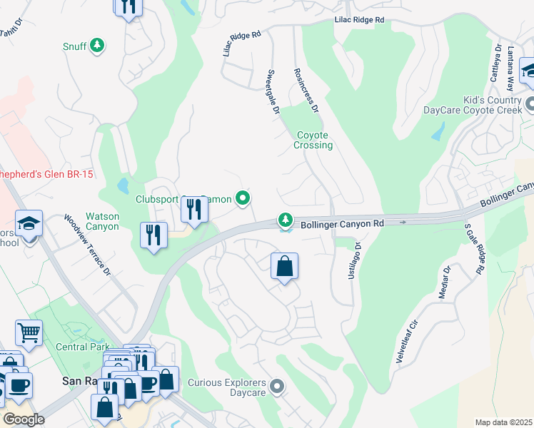 map of restaurants, bars, coffee shops, grocery stores, and more near 480 Bollinger Canyon Lane in San Ramon