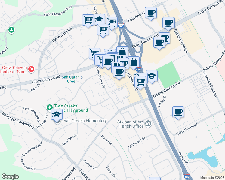 map of restaurants, bars, coffee shops, grocery stores, and more near 101 Compton Circle in San Ramon