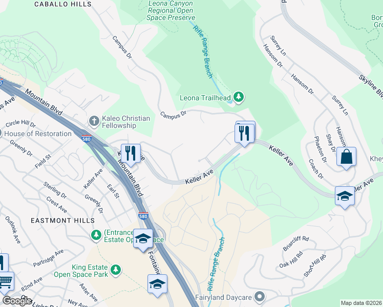 map of restaurants, bars, coffee shops, grocery stores, and more near 465 Canyon Oaks Drive in Oakland