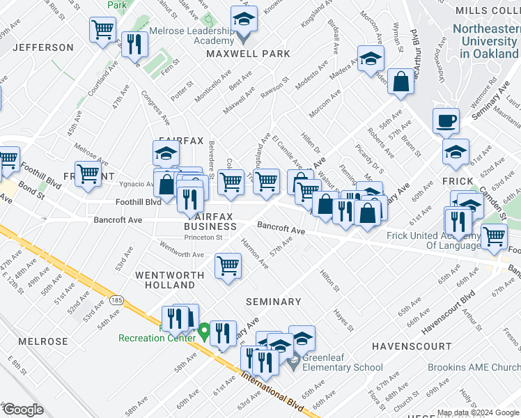 map of restaurants, bars, coffee shops, grocery stores, and more near in Oakland