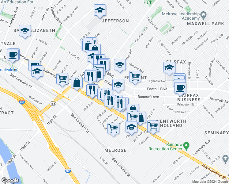map of restaurants, bars, coffee shops, grocery stores, and more near 1720 46th Avenue in Oakland