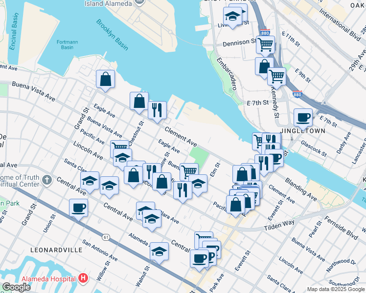 map of restaurants, bars, coffee shops, grocery stores, and more near 1928 Willow Street in Alameda