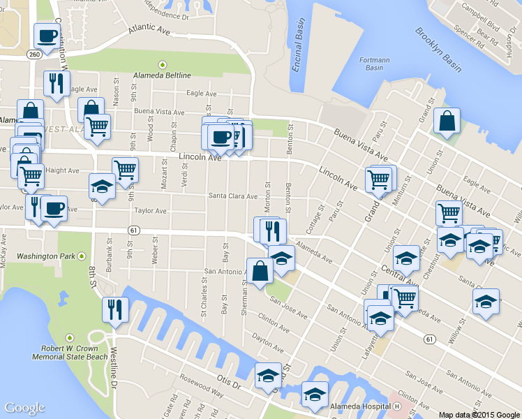 map of restaurants, bars, coffee shops, grocery stores, and more near 1401 Santa Clara Avenue in Alameda