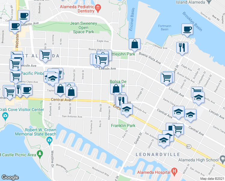 map of restaurants, bars, coffee shops, grocery stores, and more near 1224 Santa Clara Avenue in Alameda