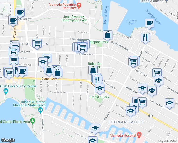 map of restaurants, bars, coffee shops, grocery stores, and more near 1224 Santa Clara Avenue in Alameda