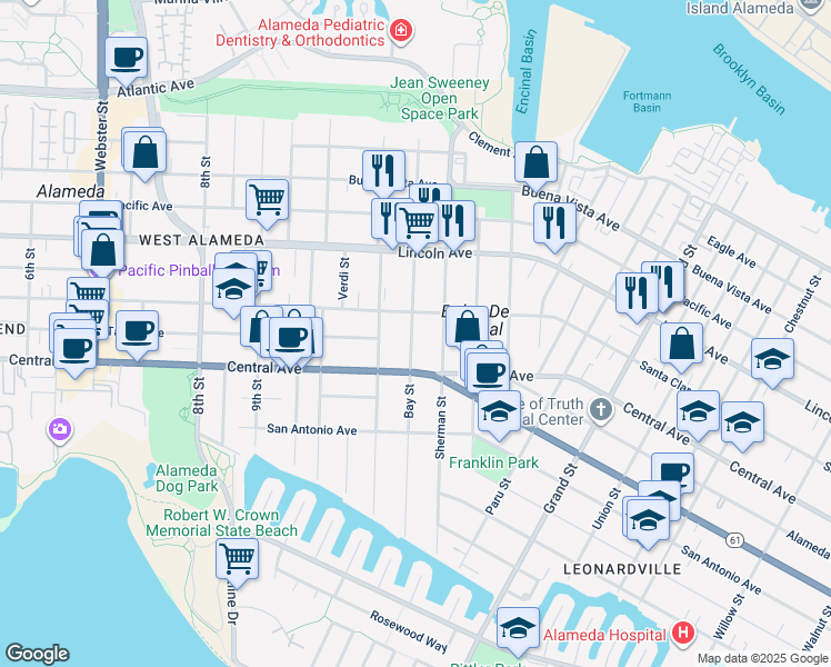 map of restaurants, bars, coffee shops, grocery stores, and more near in Alameda