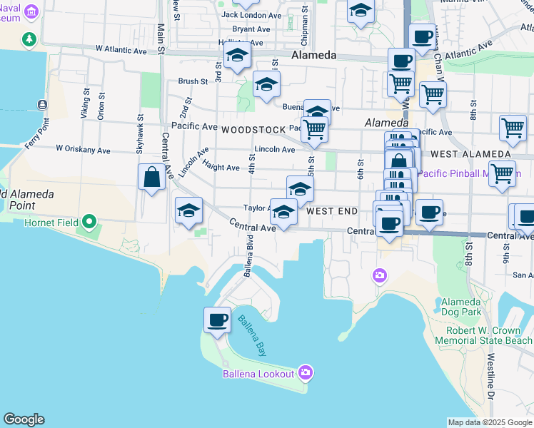 map of restaurants, bars, coffee shops, grocery stores, and more near 429 Taylor Avenue in Alameda