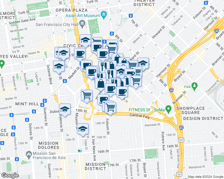 map of restaurants, bars, coffee shops, grocery stores, and more near 969 Natoma Street in San Francisco