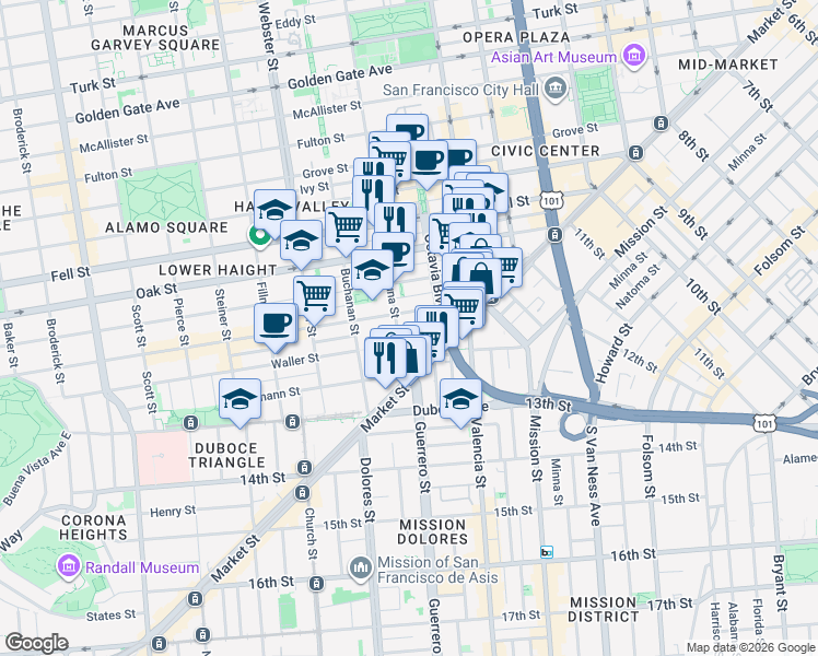 map of restaurants, bars, coffee shops, grocery stores, and more near in San Francisco