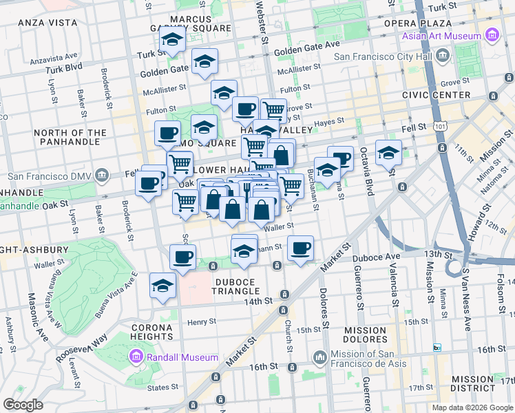 map of restaurants, bars, coffee shops, grocery stores, and more near 659 Page Street in San Francisco