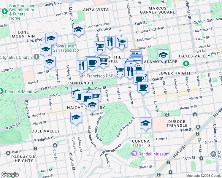 map of restaurants, bars, coffee shops, grocery stores, and more near 1400 Fell Street in San Francisco