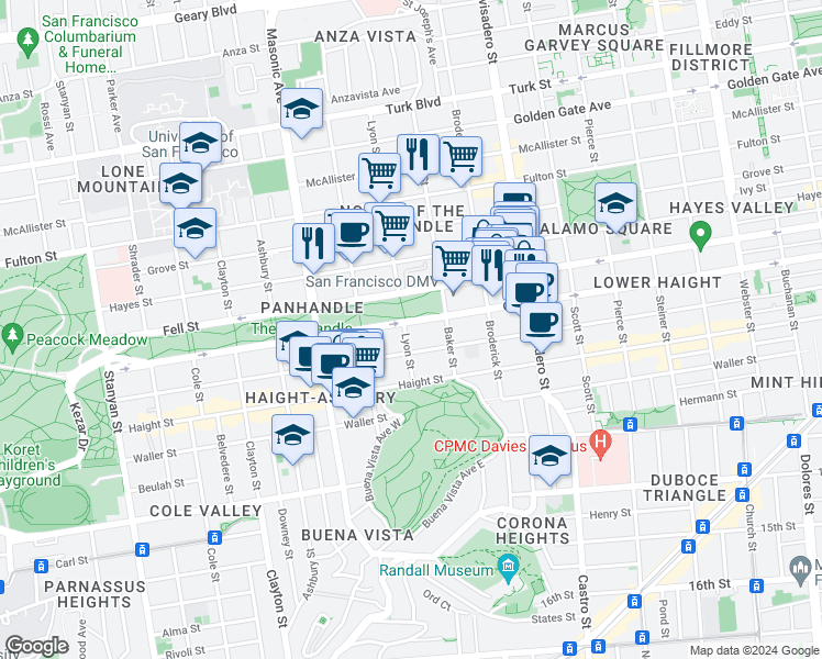 map of restaurants, bars, coffee shops, grocery stores, and more near 1400 Fell Street in San Francisco