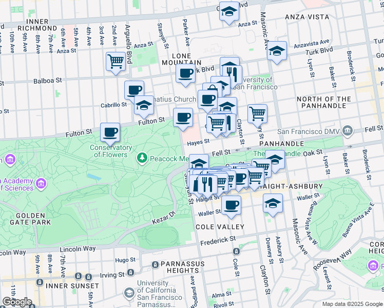 map of restaurants, bars, coffee shops, grocery stores, and more near 474 Stanyan Street in San Francisco