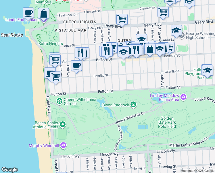 map of restaurants, bars, coffee shops, grocery stores, and more near 828 42nd Avenue in San Francisco