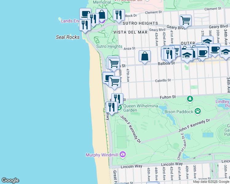 map of restaurants, bars, coffee shops, grocery stores, and more near 4799 Cabrillo St in San Francisco