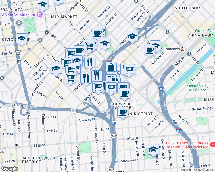 map of restaurants, bars, coffee shops, grocery stores, and more near 12 Kate Street in San Francisco
