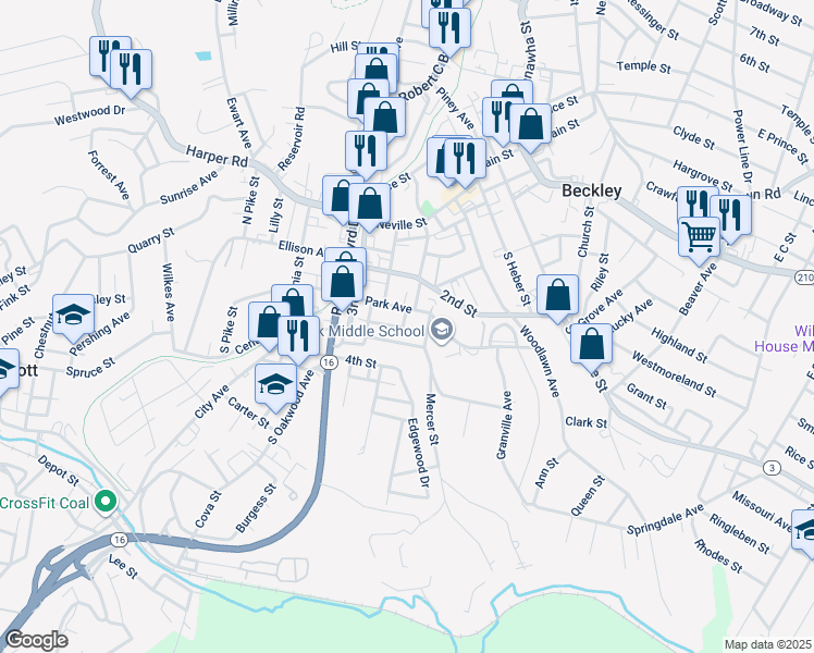map of restaurants, bars, coffee shops, grocery stores, and more near 108 Meadows Court in Beckley