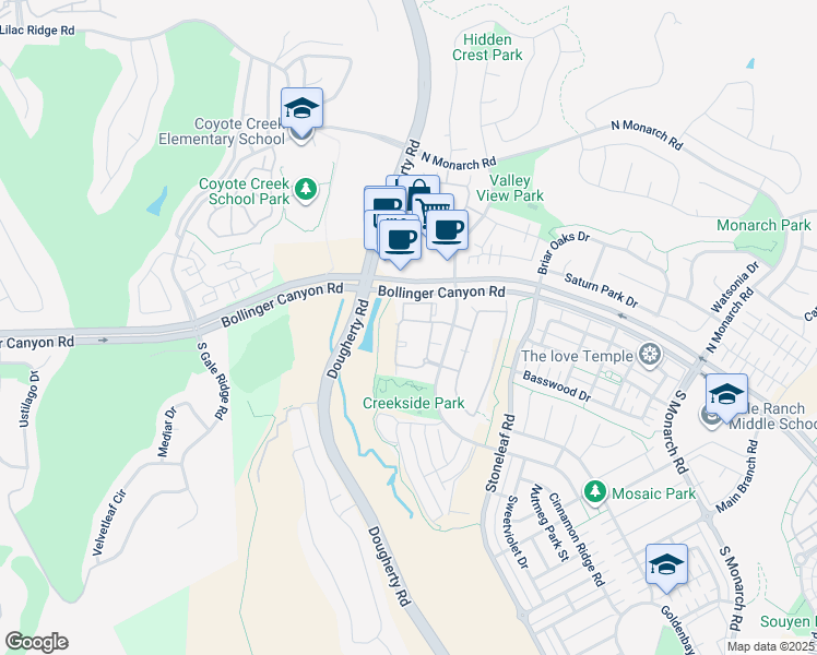 map of restaurants, bars, coffee shops, grocery stores, and more near 1914 Brookcliff Circle in San Ramon