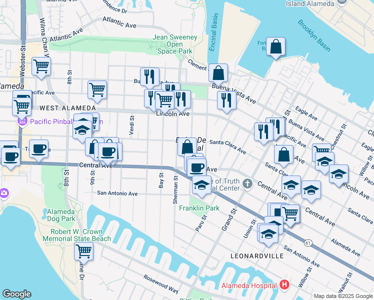 map of restaurants, bars, coffee shops, grocery stores, and more near 1401 Santa Clara Avenue in Alameda