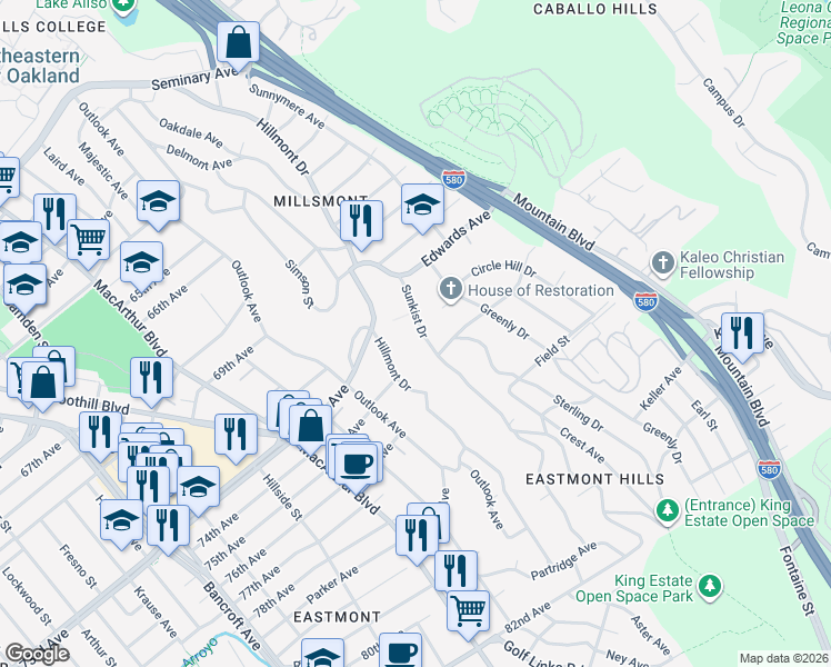 map of restaurants, bars, coffee shops, grocery stores, and more near 7333 Sunkist Drive in Oakland