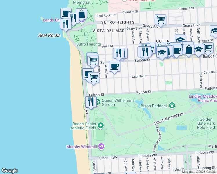 map of restaurants, bars, coffee shops, grocery stores, and more near 854 47th Avenue in San Francisco