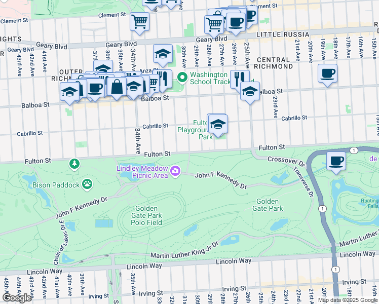 map of restaurants, bars, coffee shops, grocery stores, and more near Fulton St & 30th Ave in San Francisco