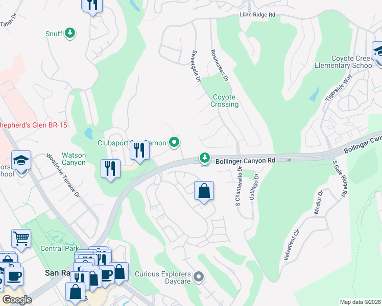 map of restaurants, bars, coffee shops, grocery stores, and more near 450 Bollinger Canyon Lane in San Ramon