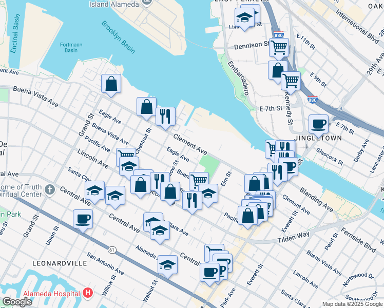 map of restaurants, bars, coffee shops, grocery stores, and more near 1928 Willow Street in Alameda
