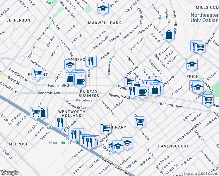 map of restaurants, bars, coffee shops, grocery stores, and more near 2411 55th Avenue in Oakland