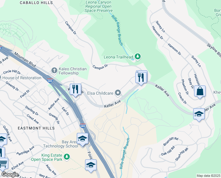 map of restaurants, bars, coffee shops, grocery stores, and more near 485 Canyon Oaks Drive in Oakland