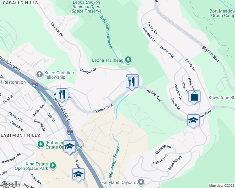 map of restaurants, bars, coffee shops, grocery stores, and more near 510 Canyon Oaks Drive in Oakland