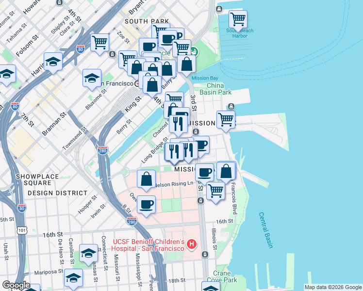 map of restaurants, bars, coffee shops, grocery stores, and more near 1201 4th Street in San Francisco