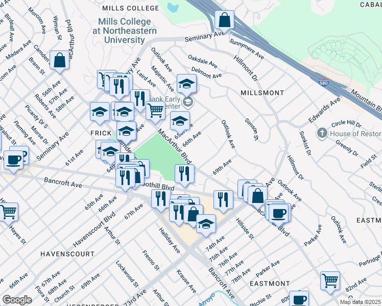 map of restaurants, bars, coffee shops, grocery stores, and more near 6630 MacArthur Boulevard in Oakland