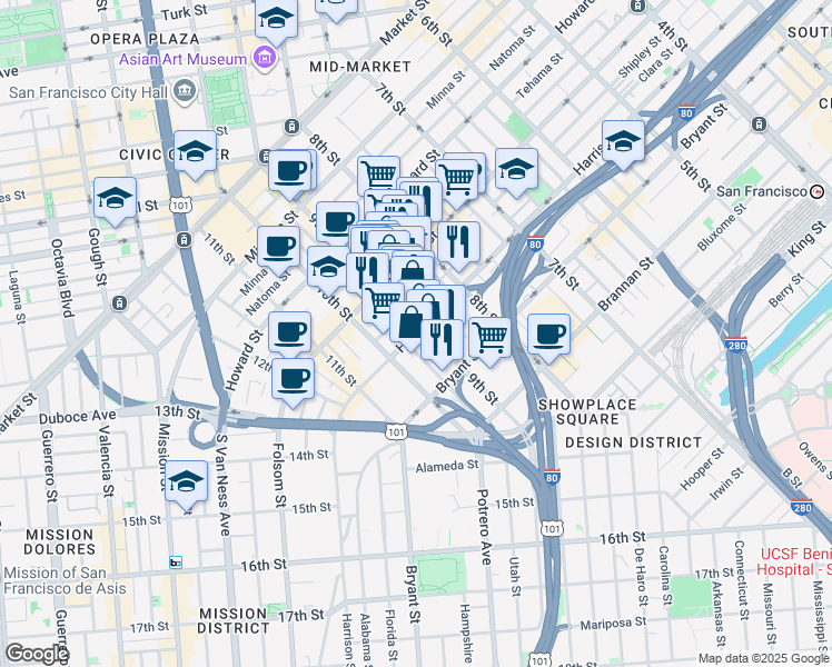 map of restaurants, bars, coffee shops, grocery stores, and more near 2 Harrison Street in San Francisco