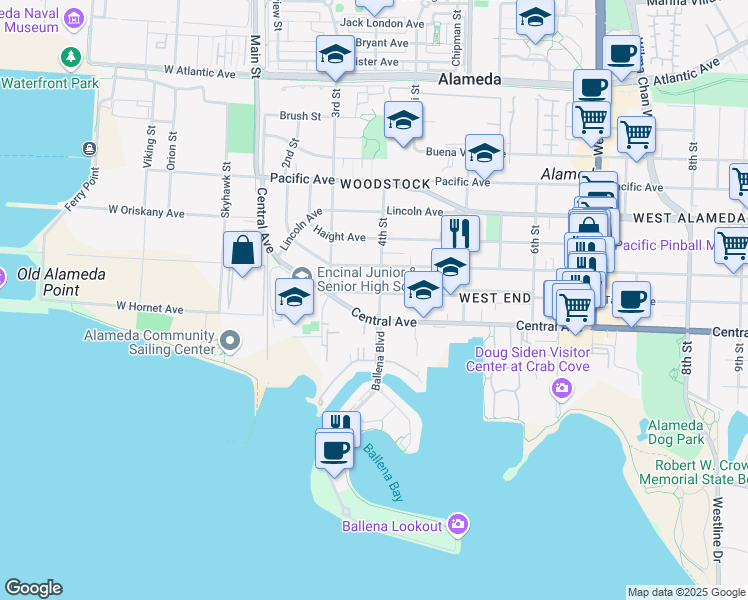 map of restaurants, bars, coffee shops, grocery stores, and more near 1415 4th Street in Alameda