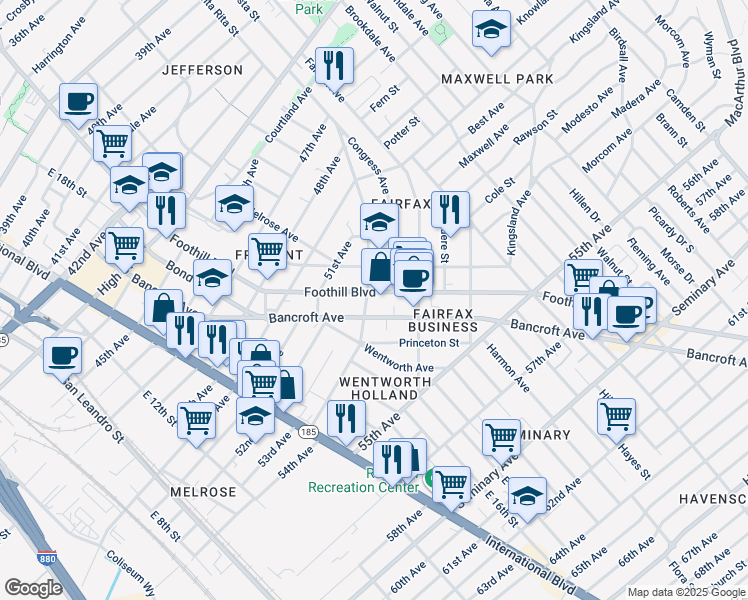 map of restaurants, bars, coffee shops, grocery stores, and more near 1830 Vicksburg Avenue in Oakland