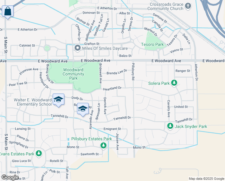 map of restaurants, bars, coffee shops, grocery stores, and more near 997 Heartland Drive in Manteca