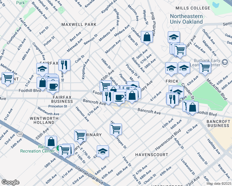 map of restaurants, bars, coffee shops, grocery stores, and more near 2523 Mason Street in Oakland